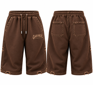 Pantalones Cortos Vintage Marrones para Hombre con Cordón, Cintura Media, Lavado Ácido, Dobladillo sin Rematar, Bolsillos Cargo, Estilo Urbano Personalizado, 100% Algodón, Pantalones Cortos Delanteros con Efecto Sudor - Product Image 6
