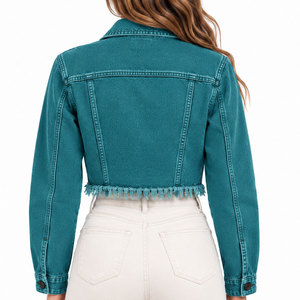 Women's Teal Denim <b>Trucker</b> <b>Jacket</b> With Fringed Hem Long Sleeve Turn-down Collar Cropped Fit Spring Wear - Product Image 2