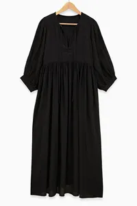 Women Black Plain Solid Tie Neck Cotton Maxi <b>Dress</b> With 3/4 Sleeve <b>Loose</b> Fit Boho Style Summer Casual <b>Dress</b> - Product Image 5