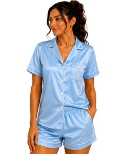 Conjunto de Pijama de Satén Azul Cielo Personalizado por el Fabricante, Ropa de Dormir de Seda para Mujer, Conjunto de Pijama de Manga Corta con Bordado de Osito de Peluche - Product Image 1