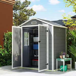 Caseta de Almacenamiento Exterior Gris de 6x4.5 para Uso Familiar, Caseta para Herramientas con Cerradura, Puertas Dobles, Ventana de Ventilación, Estilo Cabaña para Jardín y Hogar - Product Image 2