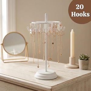 <b>Rotatable</b> Jewelry <b>Display</b> <b>Stand</b> With 20 Hooks For Necklaces Earrings Modern Round White Organizer Desk Accessory - Product Image 5