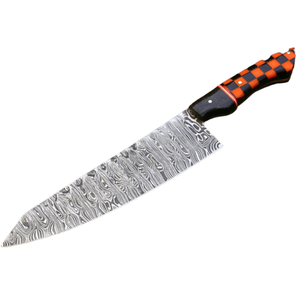 Couteau de chef à motif Damas argenté avec manche décoratif à carreaux orange et noir, couteau de cuisine à lame fixe pour la cuisson - Product Image 2
