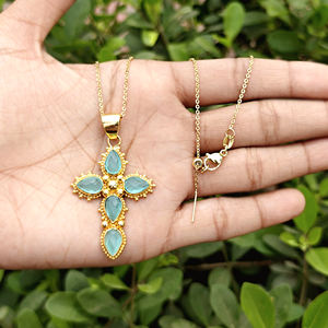 Collar de moda con cruz, delicado colgante en forma de pera de calcedonia aguamarina, chapado en oro, con cuentas, joyería cristiana de diseño. - Product Image 3