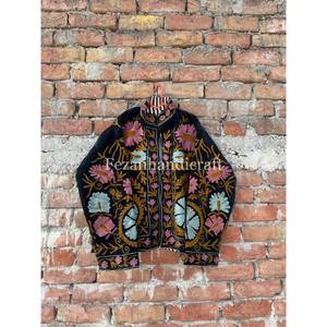 Indian Floral Embroidered Quilted Velvet Jacket with Two Side Pockets Unisex Quick Dry Hand <b>Stitch</b> Suzani Design - Product Image 1
