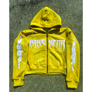 OEM Custom Men's Vintage Hooded French Terry Oversized Heavy Cotton Rhinestone Distressed Sun Faded Acid Wash Zip Up <b>Hoodie</b> - Product Image 4