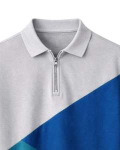 Polo à col zippé pour homme, gris clair, bleu et vert sarcelle, manches courtes, color block, tricoté, décontracté, personnalisable, pour l'été - Product Image 4
