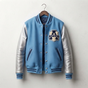 Veste universitaire personnalisée en laine bleu clair avec manches argentées, patch brodé et boutons-pression, style universitaire - Product Image 1