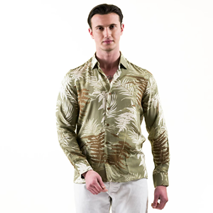 Chemise habillée pour homme à manches longues en coton et lin imprimé hawaïen beige kaki pour les vacances d'été - Product Image 1