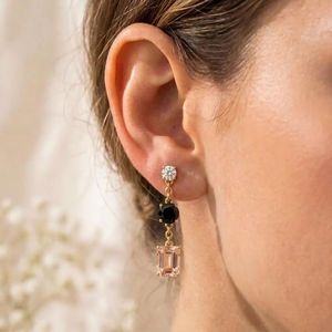 Handmade Morganite & <b>Black</b> Obsidian <b>Earrings</b> CZ Accent Rectangle Drop <b>Stud</b> Minimalist Gemstone Jewelry Gift For Her - Product Image 3