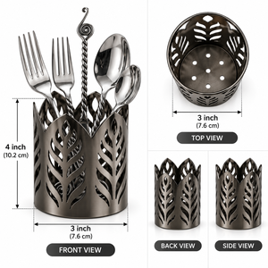 Gold Cutlery Holder with Silverware Set with Different Type of Finish, Wheat Pattern <b>Metal</b> Utensil Organizer - Product Image 5