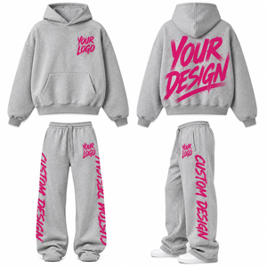 Custom Screen Print Drawstring Hood Elastic Cuff <b>Baggy</b> Fit <b>Jogger</b> Set 100% Cotton Fleece Heavyweight Casual <b>Men</b> Loungewear - Product Image 1