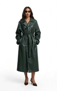 Elegante Abrigo Largo de Cuero Sintético Verde para Mujer, con Cinturón, Cuello de Solapa, Manga Larga, Ropa de Abrigo para Otoño - Product Image 1