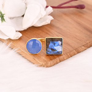 Designer <b>Labradorite</b> & Blue Chalcedony Two Stone <b>Ring</b> Gold Plated Adjustable Fashion Jewelry for Women - Product Image 2