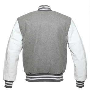 Veste de baseball de qualité supérieure, sur mesure, pour équipe universitaire, corps gris, manches en cuir blanc. - Product Image 5