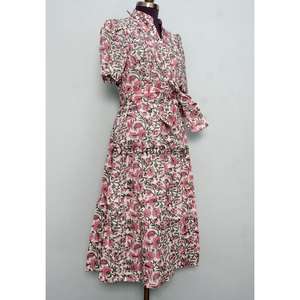 Vestido Midi Vintage para Mujer, Corte en A, Cuello en V, Manga Corta, 100% Algodón, Tejido de Punto, Estampado Floral, Transpirable, Cómodo, para Oficina, Verano - Product Image 5
