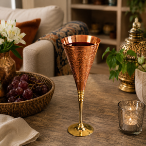 Gobelet à vin en cuivre artisanal, verre à champagne gravé motif floral, calice en métal, vaisselle de bar de luxe, vente en gros - Product Image 2