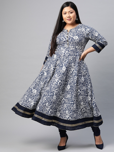 Kurta Anarkali en coton bleu à fleurs pour femmes grandes tailles, col rond, manches trois quarts, confortable, à porter au quotidien - Product Image 1
