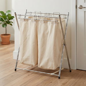 Foldable Double Tier Clothing Organizer <b>Laundry</b> hamper Rack Minimalist Standing Rectangle Shape for Bathroom Use - Product Image 5