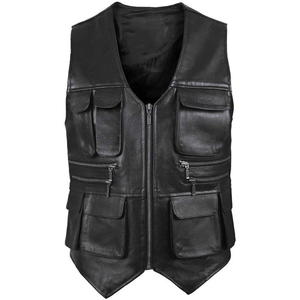 Gilet en cuir véritable pour homme, col en V, fermeture éclair, plusieurs poches, style motard, vêtement d'extérieur pour l'automne, coupe classique - Product Image 1