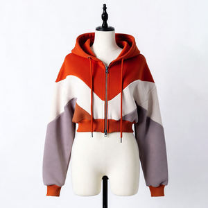 Women's Color Block <b>Cropped</b> <b>Zip</b> <b>Up</b> Hoodie Long Sleeve Drawstring Hooded Sweatshirt Casual Streetwear Jacket - Product Image 1