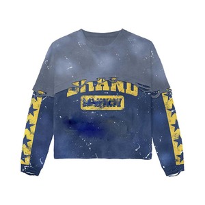 เสื้อยืดผู้ชายผ้าฝ้าย 100% ทรงหลวม พิมพ์ลาย เสื้อยืดผ้าฝ้ายวาฟเฟิลสองชั้น แขนเสื้อแบบแผง พิมพ์ลายแบบดิสเทรส รับสกรีนโลโก้ - Product Image 6