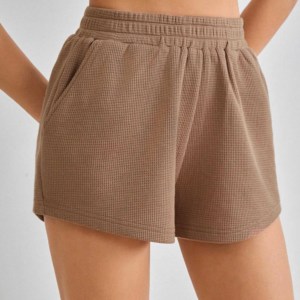 Shorts de Cintura Alta de Lona Tejida con Detalle de Botones, Color Sólido, Transpirables, Cintura Elástica, Casuales para Mujer - Product Image 5
