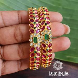 <b>Ruby</b> Floral Golden Bangles-Trendy Vintage Copper & Brass <b>Bracelets</b> with Zircon Pearl & Diamond Inlay - Product Image 3