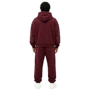 Men 2 Piece Heavyweight Fleece Tracksuit Set Oversized Hoodie Jogger Star Cross Patch Custom OEM Wholesale Manufacturer - Product Image 3