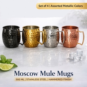 Ensemble de 4 tasses Moscow Mule 500 ml en acier inoxydable finition martelée, avec poignée, pour bière/vin/cocktail, vaisselle durable pour cocktails - Product Image 3