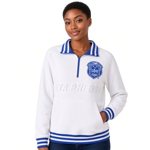 <b>Women</b> <b>White</b> Quarter Zip Pullover Sweatshirt Embroidered Shield Crest 3D Embossed Logo Royal Blue Striped Rib OEM Wholesale - Product Image 1