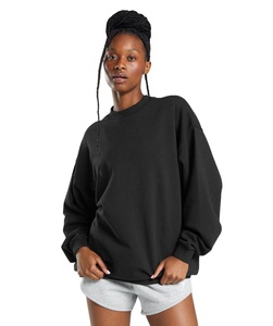 Sudadera Oversize de Algodón Grueso Personalizada al por Mayor, Cuello Redondo, Hombro Caído, Forro Polar, Color Negro Liso - Product Image 1