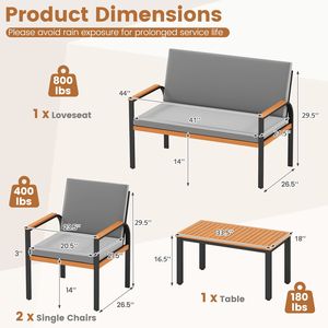 Set di mobili da giardino in 4 pezzi con tavolino e divanetto con cuscini rimovibili - Product Image 4