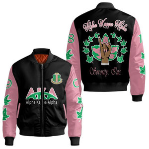 Chaqueta Bomber Alpha Aka Negra, Rosa y Verde con Estampado de Letras, Unisex, Casual, con Cierre Frontal - Product Image 1