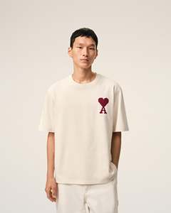 Camiseta Personalizada de Manga Corta Color Crema para Hombre con Bordado de Corazón Rojo, Corte Regular, Informal, de Algodón Jersey, Cuello Redondo - Product Image 4