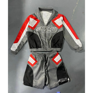 Men's Summer Sporty Tracksuit Set Gray Red <b>White</b> Color Blocking <b>Zip</b>-<b>Up</b> Jacket Shorts Quick Dry Polyester - Product Image 5