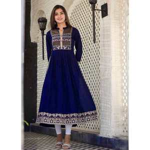 ATRACTIVA LAMINA DE RAYÓN IMPRESIÓN TRABAJO NAYRA CUT KURTI AZUL - Product Image 1