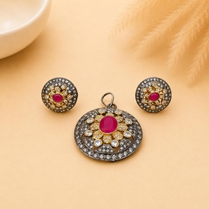 RAY FINE ORNATES <b>Ruby</b> Gemstone Princess Cut Pendant <b>Necklace</b> Earring Set Rose Gold Plated Bridal Victorian Jewelry IGI Certified - Product Image 1