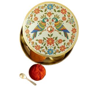 Elegant Parrot Printed Design <b>Metal</b> Brass Masala Dabba Spice <b>Box</b> with Floral Engraved Lid Handmade Kitchen Storage Container - Product Image 1