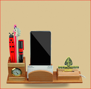 Custom Wooden <b>Phone</b> Charger <b>Stand</b> <b>Desk</b> Organizer with Pen Holder Clock USB Charging Slot Corporate Gift - Product Image 6
