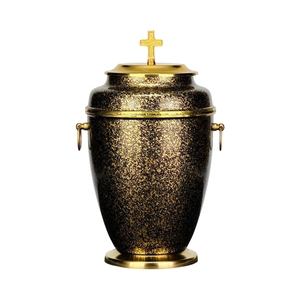 Graceful Soft Gold Metal Cremation Urn Decorated with <b>Silver</b> Holy <b>Cross</b> Topper and <b>Silver</b> Drop <b>Ring</b> Handles - Product Image 3
