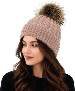 Chunky Cable Knit Mohair <b>Wool</b> <b>Beanie</b> Winter Hat with Faux Fur Pom Pom for Women Men Adults Unisex - Product Image 4