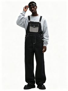 Nouvelles salopettes en jean noir pour homme 2026, avec surpiqûres contrastées, coupe ample, style streetwear, combinaison de travail - Product Image 1