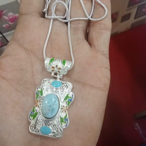 เครื่องประดับเงินแท้คุณภาพ AAA งานแฮนด์เมด สวยงามด้วยเทอร์ควอยซ์อเมริกันและลาแอลีอามาร์รูปทรงจี้ สำหรับงานปาร์ตี้ของเด็กผู้หญิง - Product Image 1