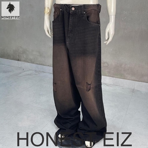 HONEST EIZ Jeans de mezclilla para hombre, ligeros, de talle alto, de pierna ancha, desgastados y rotos, 100% algodón, lavados a la piedra, pantalones casuales de verano - Product Image 2