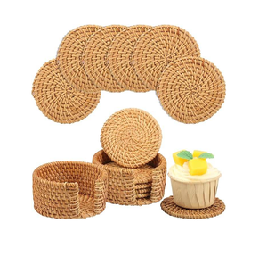 Ensemble de vaisselle très vendu : bol à crème glacée, verre à jus, sous-verres avec sous-verres en rotin faits à la main de style bohème - Product Image 1