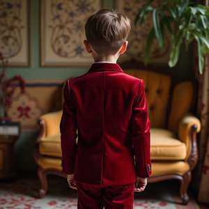Ensemble de costume 3 pièces en velours bordeaux pour garçons, idéal pour mariage, porte-alliances, smoking formel avec blazer, gilet, pantalon et nœud papillon - Product Image 2