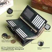 Dompet Clutch Bertekstur Kulit Asli Wanita WRIZA |   10 Slot Kartu Kantong Koin Dompet Logo Tahan Air RFID Emerald