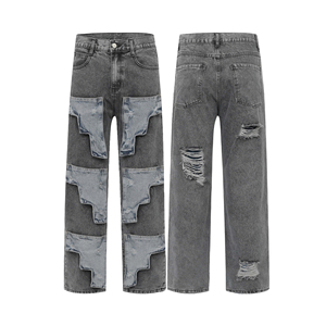 Fashion Designer Denim <b>Jeans</b> High Street Sand Snow Scratch Vintage Washing Patchwork <b>Men</b> Streetwear Mid Waist Casual Pant - Product Image 3