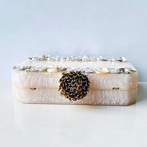 Bolso de mano de resina blanca, hecho a mano, adornado con perlas y piedras, bolso de lujo hecho a mano, regalo de boda para novia, Clutch - Product Image 4